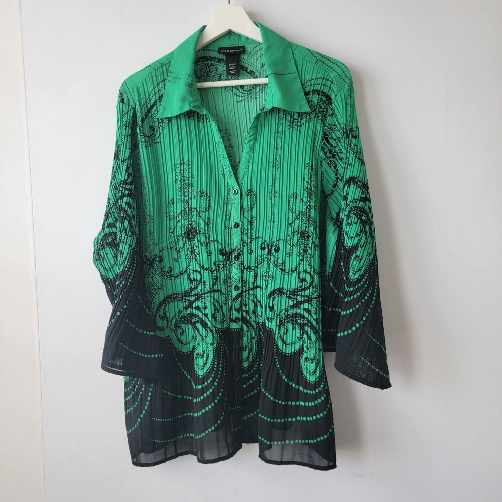 Lane Bryant womens pleated button up shirt size 26/28 green black 3/4 sleeve